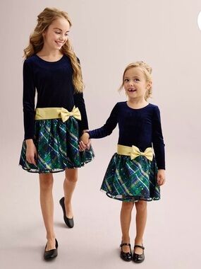 Bonnie Jean | Navy and Green Plaid Formal Dress Gold Bow, Girl’s Size 8 NWT